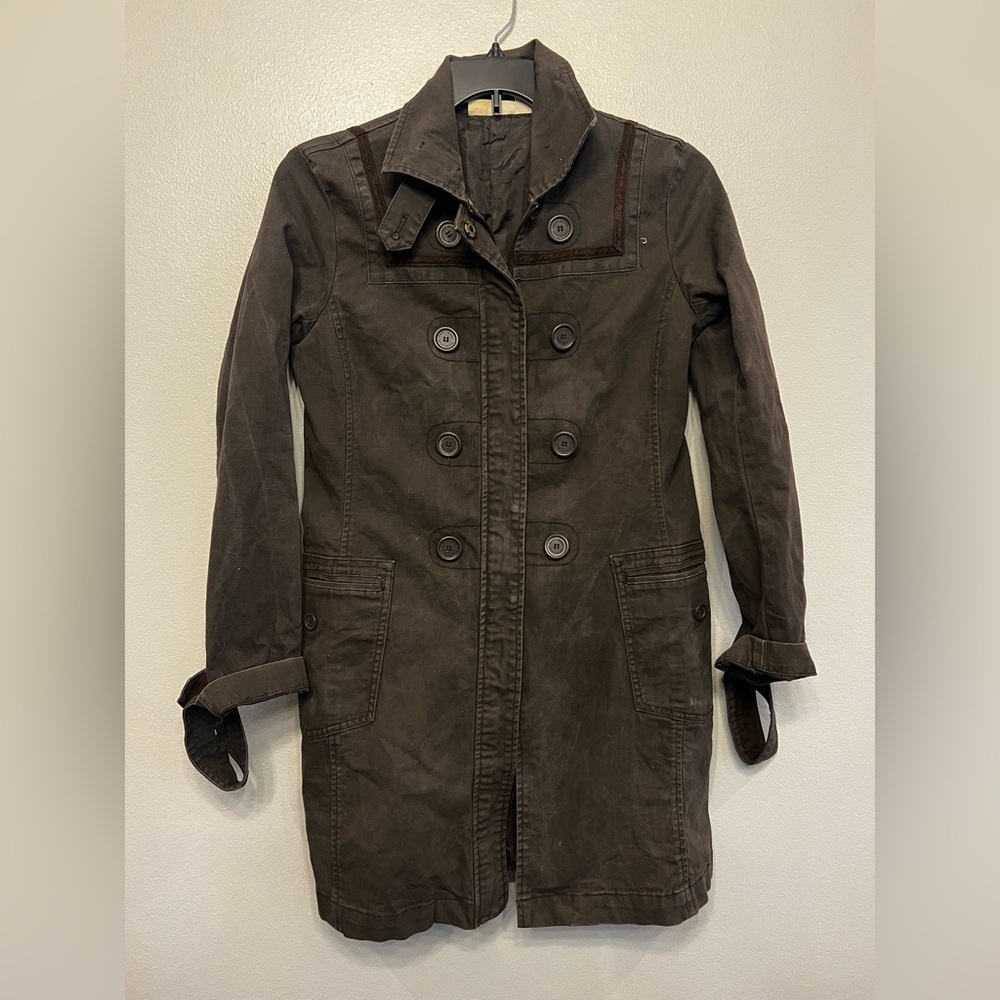 DKNY Dark Coffee Brown Military Style Double Breasted Trench Coat‎ Size Medium
